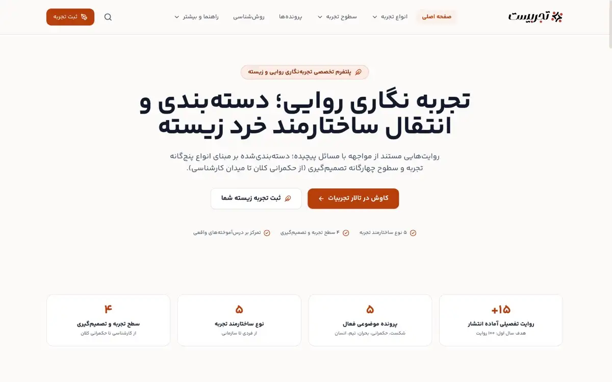 نمای صفحه اصلی تجربهبیست (tajrobist.ir)